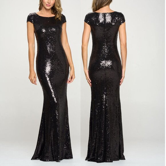 Black Sequin Short Sleeve Formal Wedding Evening Maxi Dress 2 - Picture 1 of 5